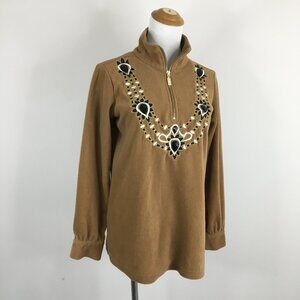 BOB MACKIE QVC Brown White Black Gold Rhinestone Embroidery Fleece Pullover